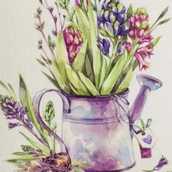 NEW SPRING/EASTER FLOWERS & WATERING CAN HELLO SPRING LINEN PILLOW COVER 17.7" - Picture 4 of 5